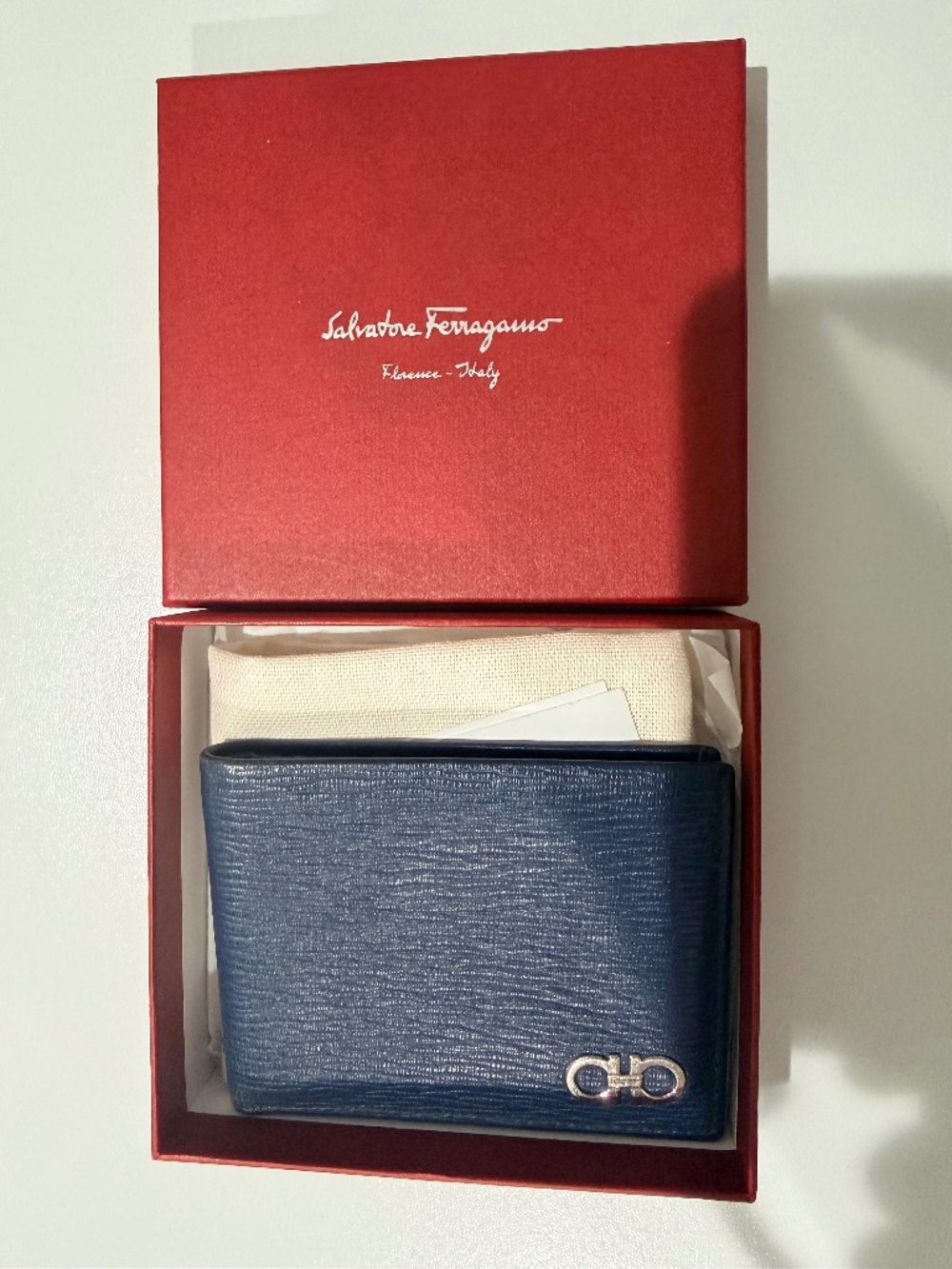 Salvatore Ferragamo Navy Leather Gancini Bifold Wallet with box